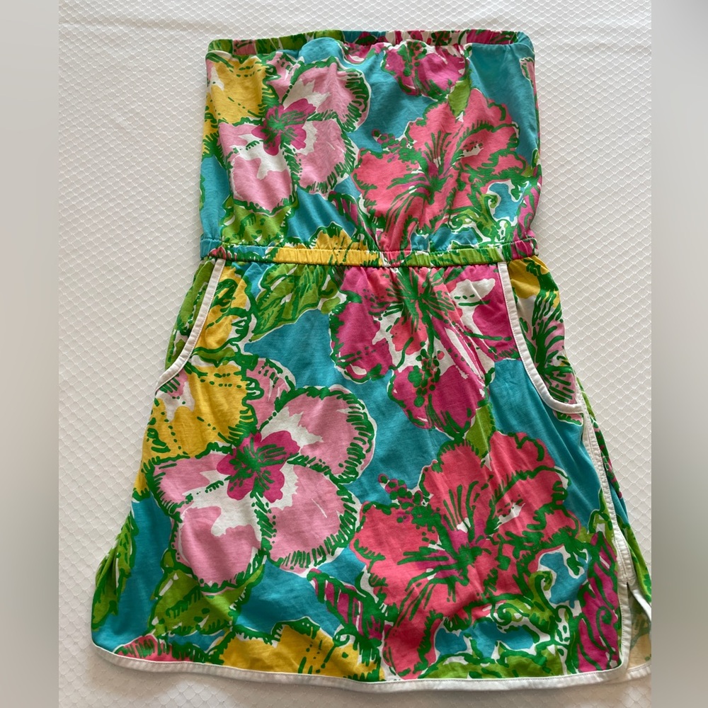 Lilly Pulitzer Lucy Strapless Skirt Romper in the Big Flirt Floral Print.